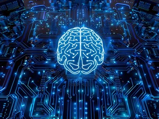 Wall Mural - Glowing Circuits Converging Towards a Central CPU Brain in Blue Futuristic Digital Background