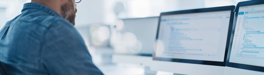 a focused professional working on a computer with dual monitors, analyzing code in a bright office e