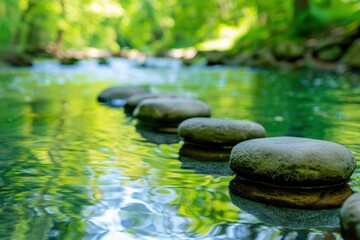 Stones submerged in a flowing river with a blurry green background