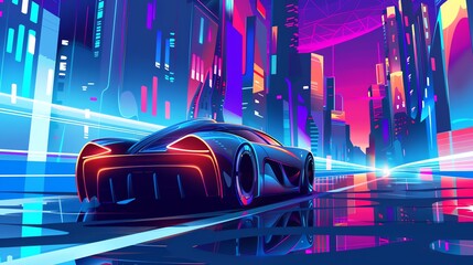 Wall Mural - a futuristic city scene with a sleek car driving through the city.