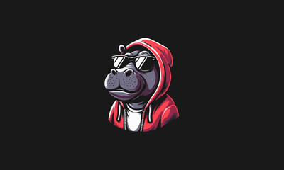 Wall Mural - head hippo wearing hoodie and sun glass vector mascot design