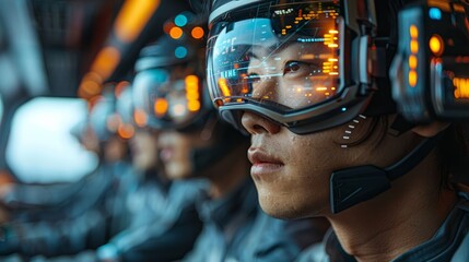 Wall Mural - A team of engineers wearing AR glasses, visualizing and planning the layout of a new industrial plant, with holographic displays around them.