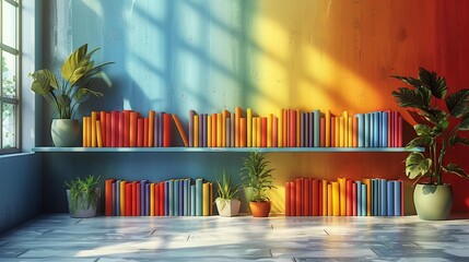 Wall Mural - Colorful bookshelf with plants and gradient wall - generative ai