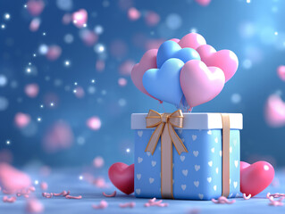 Wall Mural - A gift box with heart-shaped balloons tied together creates a special festive atmosphere.