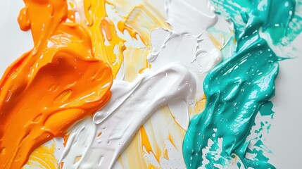 finger paint bauhaus style in orange, yellow white and teal on a white background,