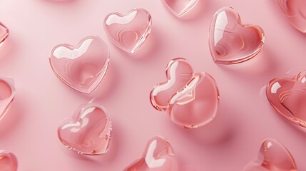 Wall Mural - glass hearts on a pink background. elegant and minimalistic decoration.