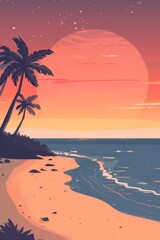 Wall Mural - Palm Trees on a Sandy Beach at Sunset