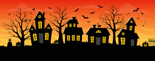 Wall Mural - Halloween abandoned town, building silhouettes, danger pumpkins and flying bats at sunset sky vector background. Halloween trick or treat holiday spooky street with horror houses, creepy cemetery, cat