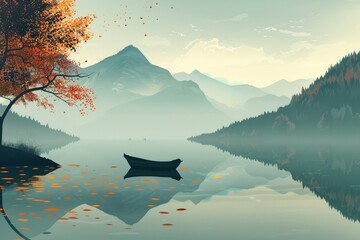 Sticker - A Calm Autumn Lake With Mountains And A Single Rowboat