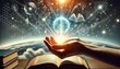 © ProStockGallery - Hand Holding Glowing Earth Globe with Abstract Patterns and Open Book - Knowledge, Wisdom and Enlightenment Concept.