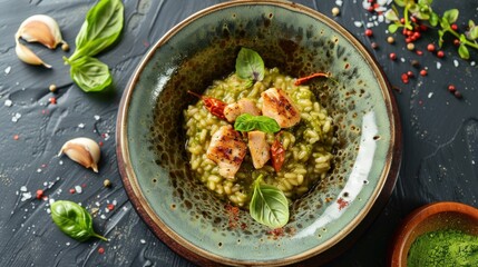 Canvas Print - Close-up of a Delicious Green Risotto with Chicken and Basil