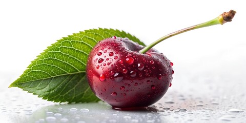 Falling fresh raw red Cherry with slice green leaves and water drops in the air isolated on background popular season dessert fr