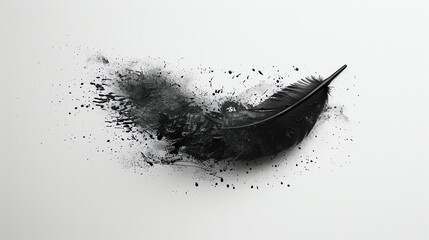 Wall Mural - A black feather is shown against a white background, with a black ink splatter behind it.