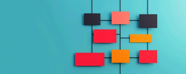 Colorful flowchart with interconnected rectangular blocks on a blue background illustrating a process or organizational structure.