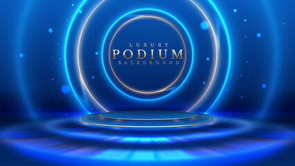 Wall Mural - empty podium golden on blue background with light neon effects with bokeh decorations. luxury scene 