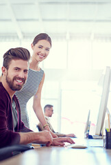 Poster - Employees, portrait and computer in realtor office, coworking space and site for property update. Businesspeople, support and coordinate showing for client, real estate and online for market analysis