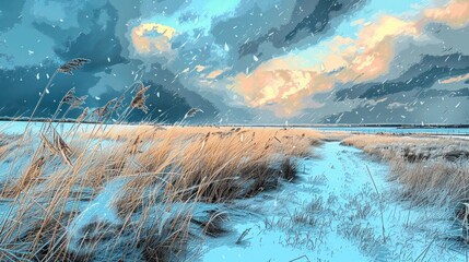 Wall Mural - Snowy Winter Landscape with Grass and a Path