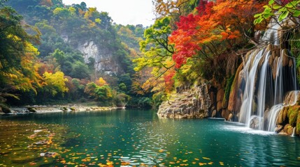 Wall Mural - Autumn Waterfall in a Lush Forest