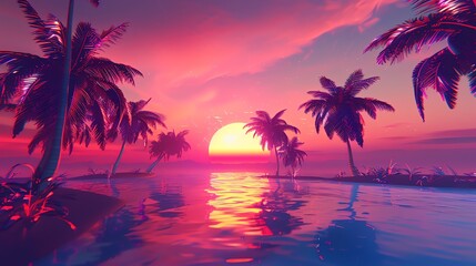 Wall Mural - A stylized sunset over a tropical island with palm trees.