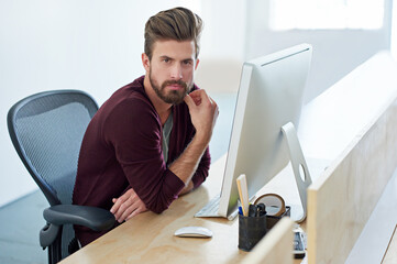 Wall Mural - Man, portrait and real estate employee in office, confident consultant and computer for listing. Male person, professional and proud of job opportunity, realtor agent and workplace for planning