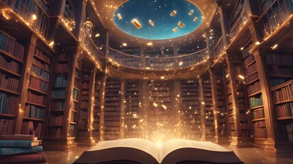 Wall Mural - Illustration of a magical library with books floating and sparkling in the air

