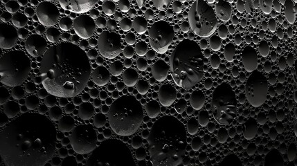 Wall Mural - A close up of water droplets on a black surface.