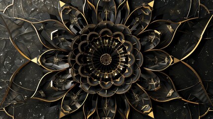Wall Mural - an abstract, geometric flower-like pattern with black and gold colors, rendered in 3d.