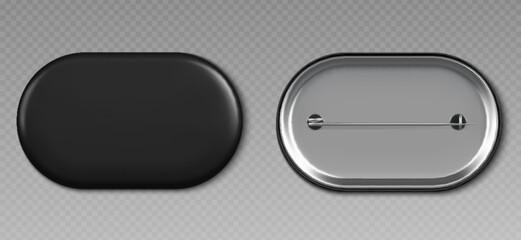 Black pin badge mockup top and bottom view. Blank glossy rectangle brooch tag with rounded corners for merch template. 3d realistic vector illustration of empty promotional and advertising souvenir.