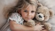 © naphat - Child holding a teddy bear, oil painting effect, close-up, skilled template designer, more clarity with clear light and sharp focus, high detailed