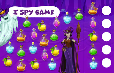 Poster - Halloween kids I spy game with witch magic potion bottles. Kids counting quiz, object finding funny vector playing activity worksheet with witch and ghost cartoon characters, magic potion flask