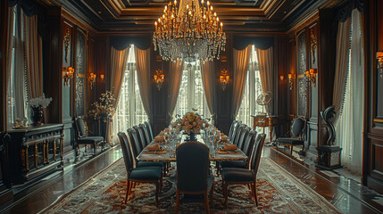 An elegant dining room showcasing a marble-topped dining table, velvet upholstered chairs, and a grand chandelier, with floor-length curtains framing tall windows.