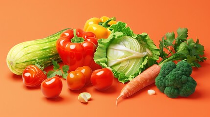 Wall Mural - A variety of fresh vegetables on a bright orange background.