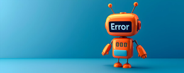 Cute orange robot displaying the message 'Error'. Concept of technology malfunction and programming mistake on blue background.