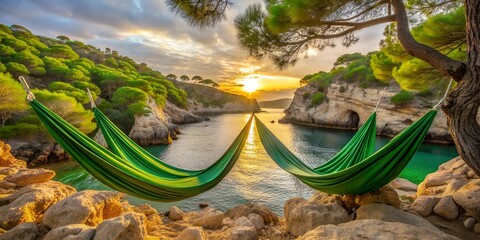 Green hammocks stacked in a cove on the island of Mallorca at sunset Creative AI