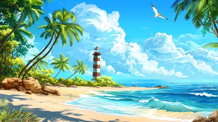 Wall Mural - A lighthouse on a tropical island with palm trees.