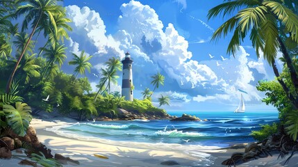 Wall Mural - A lighthouse stands on a tropical island with palm trees, white sand, and blue ocean.