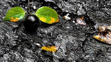 Poster -   A black apple atop a puddled leaf with verdant foliage nearby