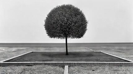 Sticker -   Black-and-white image of a tree in a parking lot against a blue sky backdrop