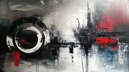 Poster -   A black, white, and red abstract painting with a circular design at its base