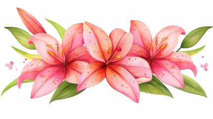 Wall Mural - Bright pink lilies bloom gracefully against a clean white backdrop, showcasing vibrant color and delicate watercolor technique.