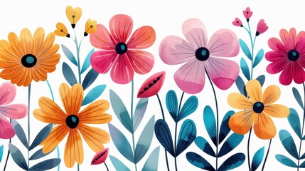 Wall Mural - Bright and whimsical watercolor of a lush garden scene filled with vibrant flowers and lively foliage on a crisp white background.