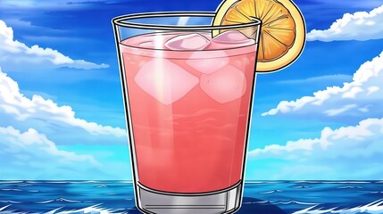 Poster -   A photo of a drink with a lemon wedge and a cloudy blue sky in the backdrop