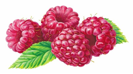 Canvas Print - Bright raspberry watercolor art featuring vivid reds and greens, perfect for decor or crafts that celebrate natures bounty.