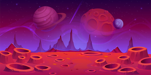 Wall Mural - alien space planet surface background with craters and mountains under a starry night sky. vector ga