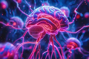 Wall Mural - Abstract Brain with Glowing Red and Blue Nodes Representing Neural Connections