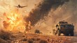 © ryker - Convoy of armored military vehicles is speeding through a desert landscape, with a massive explosion and a fighter jet in the background. The scene evokes the intense chaos and danger of warfare