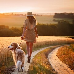 woman walking her dog, AI generated