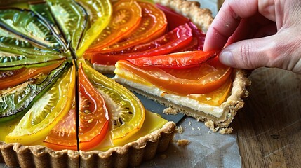 Wall Mural -   A close-up of a pie with a person holding a slice and a piece in the foreground