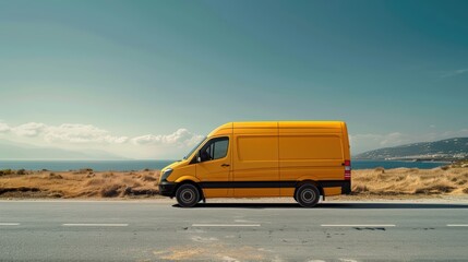 Bright yellow delivery van speeds along a coastal road. Symbolizing efficient shipping and reliable service in the logistics industry