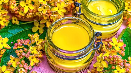 Wall Mural -   Two jars holding yellow liquid sit on a tablecloth adorned with pink and yellow flowers, surrounded by green foliage and yellow blooms